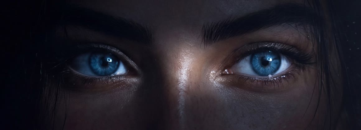 Representação visual da Elza: um olhar azul que se abre no escuro
