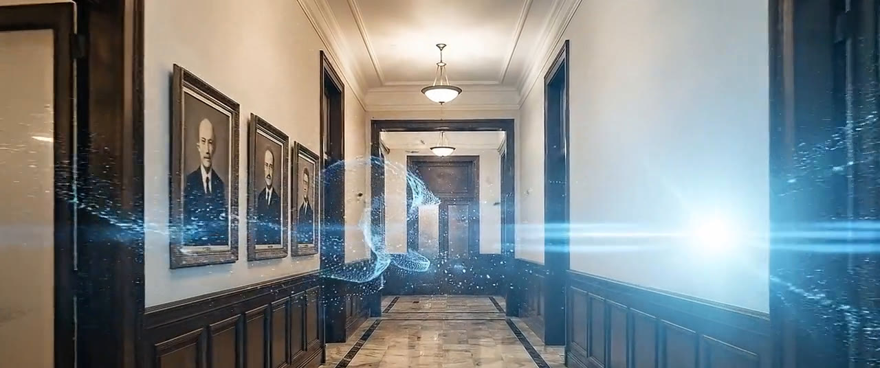 Cena ilustrativa: um corredor antigo de tribunal, com retratos na parede, atravessado por partículas e feixes de luz.