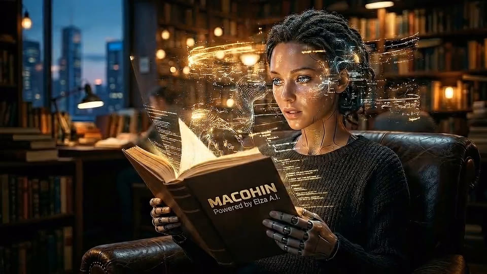 Cena ilustrativa: a Elza lê um livro de papel com a marca Macohin; das páginas saem anéis dourados de dados, que giram em volta dela.